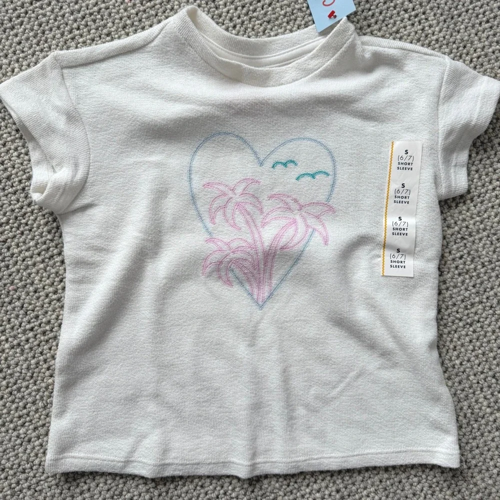 Cat &‎ Jack Girls 2pc Set Cream Palm Tree Heart Top Purple Shorts S 6/7 NEW